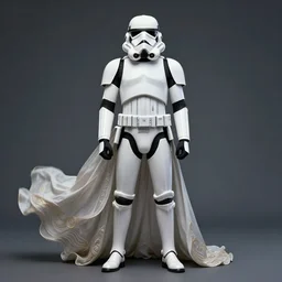 a full body portrait of a stormtrooper by justin ridler wearing an intricate billowing dress, face in the style of irakli nadar
