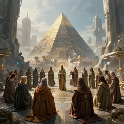 a group of ancient sacred religious cult in robes studying in the middle of a technological sci fi advanced city with a large pyramid in its center, highly detailed, intricate, digital painting, trending on artstation, concept art, matte painting, art by greg rutkwowski, craig mullins, octane render, 8 k, unreal engine