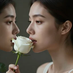 meredit frampton style hight focus of a wonderful realistic sweet wonderful symmetrical profile portrait of a lady with a clear skin, she is eating a realistic white rose, dramatic light, cinematic, artstation, octane render 8 k s 1