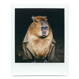 portrait polaroid of a capybara wearing a coat