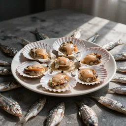 scallops on a plate, on a table made up of deadfish