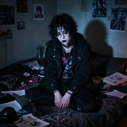 a dramatic lighting photo of a nerdy goth guy in a cluttered messy bedroom