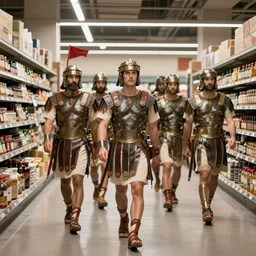 professional photograph of a group of ancient Roman soldiers walking around inside of a contemporary grocery store, 8k, dslr, cinematic,