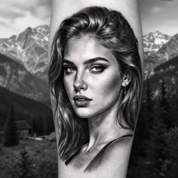 tattoo design of beautiful woman portrait against a background of beautiful mountains and nature, in the style of den yakovlev, black and white, hyper realistic, highly detailed