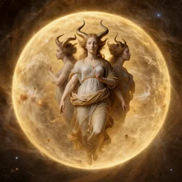 a closeup portrait of a three - headed horned women, floating in huge levitating luminescent orb, in an eel nebula, golden hour, by jan van eyck
