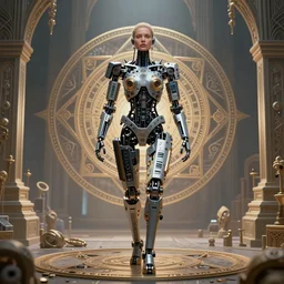 a photo of a robotic woman covered in modular synthesizer parts surrounded by sacred geometry made from elven architecture, full body, perfect face, powerful, cinematic, beautifully lit, by bastien lecouffe - deharme, by karol bak, 3 d, octane render, 8 k
