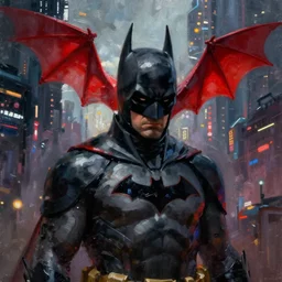 cyberpunk batman, red bat, moody, futuristic, city background, brush strokes, oil painting, greg rutkowski