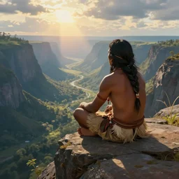 an indigenous man sitting at the top of a cliff, looking down at the valley, doing a vision quest, fantasy art, matte painting