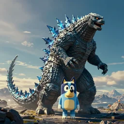 a film still of bluey as godzilla