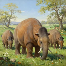 Classicism style painting of a group of banthas from star wars grazing on a grassy field on a spring day