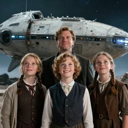 extremely sharply detailed, from blockbuster 9 6 k sci fi color movie freeze frame, set 1 8 6 0, family standing in front of a crashed spaceship, on alien planet, looking happy, wearing 1 8 5 0 s era clothes, atmospheric lighting, in focus, reflective eyes, - 9 9 mm macro lens, live action, nice composition, good photography, clear facial details