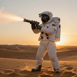 astronaut firing a rocket launcher into the desert during sunset, golden hour