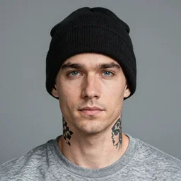 man in black beanie hat. Man has blue eyes and a neutral expression. Man appears to be in 30s or 40s. Man has bushy, groomed eyebrows. Forehead is bare. On man's neck side is a tattoo of a checkered flag. On man's neck center is a tattoo of a female face. Man is wearing gray t-shirt. Man is clean-shaven, with a slight 5-oclock shadow. Photograph from torso-up.