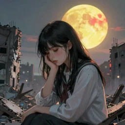 A beautiful picture of a suicidal girl against the background of ruins of a destroyed city and a yellow -red moon, artstation, extremely detailed, stunning volumetric lighting, hyper realism, fantasy 4k