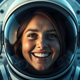 a still of happy and excited emma watson, her face inside an astronaut's helmet, reflecting stars, high detail, smooth, sharp focus, cgsociety, artstation, finished render, illustration, unreal engine, 8 k, 4 k
