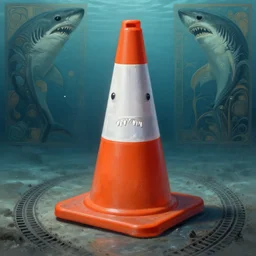 orange and white traffic cone great white shark eyes and teeth, tyre mark, wide shot, underwater background detailed atmospheric - ron cheng & alphonse mucha, highly detailed, digital painting, ray tracing, concept art, illustration, smooth sharp focus, intricate, symmetry, artstation,