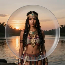 plate photography portrait of a beautiful pagan tribal queen female beside the river at sunset, studio lighting, ultra high definition