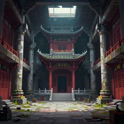 interior of a long forgotten asian temple, pixel art, brutalism, art by dan mumford, volumetric lighting, 8 k