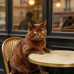 brown cat with yellow eyes is sitting at table in a cafe at paris in early 2 0 th century. atmospheric feeling, warm colours, brown colours, yellow colours, epic scene, cinematic, very detailed, concept art, trending on artstation