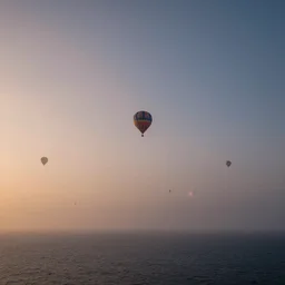 thousand hot hair ballons at the horizon flies above the sea, beautiful colored light, HDR, hazy, foggy, atmospheric perspective, volumetric fog, cinematic, 35mm lens, anamorphic lens flare, photographic, cinematography by roger deakins, in the style of ansel adams, low details,