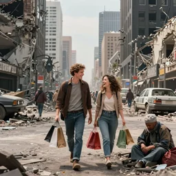 ultra high detail modern city destroyed by war in ruins with hollywood couple walking around with shopping bags laughing at homeless person, color photograph very high detail