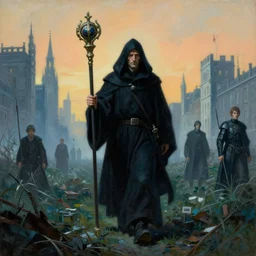 painting of cloaked man holding a ceremonial staff, scene shows a man walking through an overgrown london city, zdzislaw beksinski, lewis jones, dariusz zawadzki, wayne barlow, warhammer fantasy, cold hue's, warm tone gradient background, concept art, 4 k, ultra - high - definition
