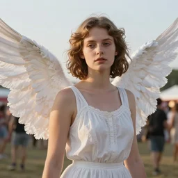 beautiful angel on outdoor festival in 1 9 6 9, photo realistic, light skin asymmetrical face, ethereal volumetric light sharp focus