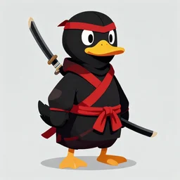 duck in black and red ninja dress with a ninjato, flat art, detailed, realistic