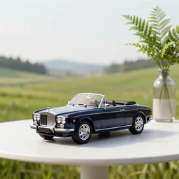 a small miniature of a Rolls Royce Corniche Cabrio on a white table near a vase with a plant, 3d render, octane render, unreal engine 5, path tracing, serene landscape, calm, relaxing, beautiful landscape, highly detailed, high quality, 4k, symmetrical, low contrast