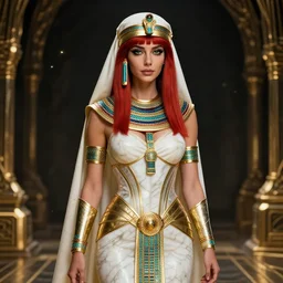 red - haired final fantasy white marble egyptian nun, warframe armor, regal, attractive, ornate, sultry, sexy, beautiful, joanna lumley, pretty face, green eyes, scifi platform, 4 k, ultra realistic, epic lighting, illuminated, cinematic, black gold, art by alexandra petruk, voidstar