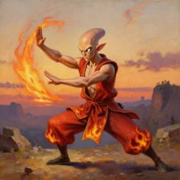 [ squidward ] wearing fire nation clothing and practicing firebending outside at susnset, oil painting, highly detailed, intricate, hd, sharp focus, photorealistic, by moebius and greg rutkowski, trending on artstation, trending on cgsociety, realistic shading and lighting