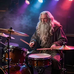gandalf playing drums in a funk band, fog machine, colored spotlights