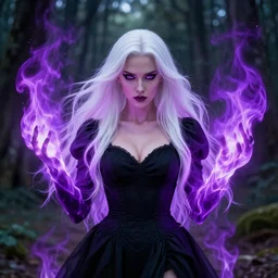 style artgerm, joshua middleton, phil noto, beautiful kristen bell with black dress, very long white hair, symmetrical face, symmetrical eyes, purple fire powers fire swirling, detailed, forest setting, cinematic lighting