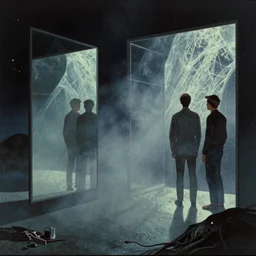 hall of mirrors, cassette futurism, cosmic horror, atmospheric haze, film. illustration by edward hopper, norman rockwell. film still, 1 6 mm cinematography