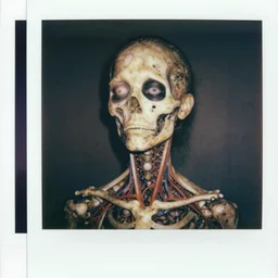 an old polaroid photography of a very sad and detailed rotten woman corpse with fractal ornate growing around her face muscles, veins, arteries, bones, anatomical, skull, eye, ears, intricate, surreal, ray caesar, john constable, guy denning, dan hillier