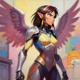 Greg Manchess portrait painting of Alita combat angel as Overwatch character, medium shot, asymmetrical, profile picture, Organic Painting, sunny day, Matte Painting, bold shapes, hard edges, street art, trending on artstation, by Huang Guangjian and Gil Elvgren and Sachin Teng