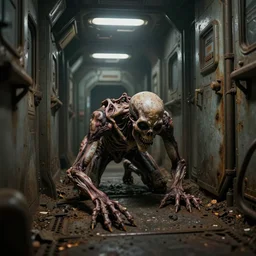 disfigured necromorph being crawling in the spacecraft hallway, rusty and dirty interiors, highly realistic and intricate, dim lights