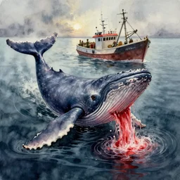 a water color painting of a whale bleeding near to a fishing vessel, water color, smooth effect, hyper detailed, dark art, horror art, digital art, octane render, realistic painting, high angle, volumetric light, part by beksinski, zdzisław part by carl gustav carus
