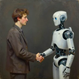 centered oil painting of a human and robot shaking hands, octane rendering, trending on artstation, thomas kinkade and james gurney