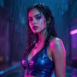 neon latina woman in the rain. masterpiece masterwork, magnum opus, monumental achievement, classic gem, showpiece. octane render. nvidia amd graphics demo. lighting. trending. artstation pixiv cgsociety behance. 4 k. teaser. beyond style stylish polished slick nifty smooth sharp spectacle spectacular fantastic staggering stunning flashy.