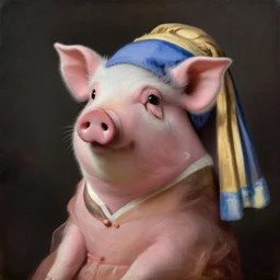 cute little pink pig with pearl earrings and hanfu, high definition, accurate focus, oil painting, digital, artistic, by mauritshuis
