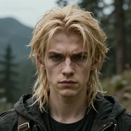 blonde boy fantasy thief, high detail face, realistic, ultra detailed, menacing, powerful, dark, shallow focus, forest, mountains in the background concept art design as if designed by Wētā Workshop