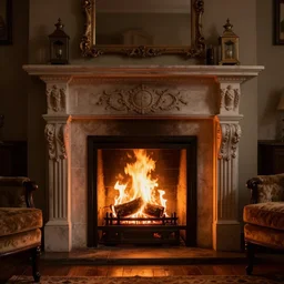 renaissance style fireplace, fire burning, cozy lounge ambiance, low lightning, room is lit by the fire, 4 k, hyper realistic photography