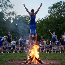 male college gymnasts performing stunts at a campfire