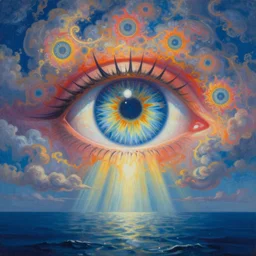 a painting of a giant psychedelic eye over in a cloudy sky over an ocean, god rays, beautiful colors, surrealism, visionary art, fractals, matte painting, by christophe vacher