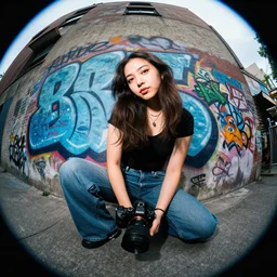 an urban portrait photo, with graffiti in the background and a kneeling urban girl, camera sony a 7 c, lens sony 1 6 - 3 5 mm f / 2. 8, fish eye