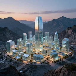 a small town completely made out of glass, surrounded by a surreal mountain landscape, shining faintly in the dim light of sunset, buildings made out of glass, light reflections, rock pebble particles floating up the sky, highly detailed and beautiful illustration