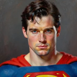 dynamic macro head portrait of beautiful christopher reeve wearing superman costume, painting by alex ross, oil painting photo real