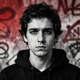 highly detailed closeup portrait of a sullen rami malek, elliot alderson, black hoody by atey ghailan, by greg rutkowski, by greg tocchini, by james gilleard, by joe fenton, by kaethe butcher, gradient red, black and white color scheme, grunge aesthetic!!! ( ( graffiti tag wall background ) )