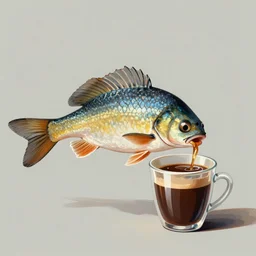a digital painting of a real fish drinking coffee